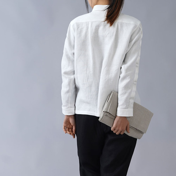 [wafu] [訂製] 稍薄亞麻細褶長袖襯衫 40 支/白色 [M 碼] t013b-wht1-m 第6張的照片