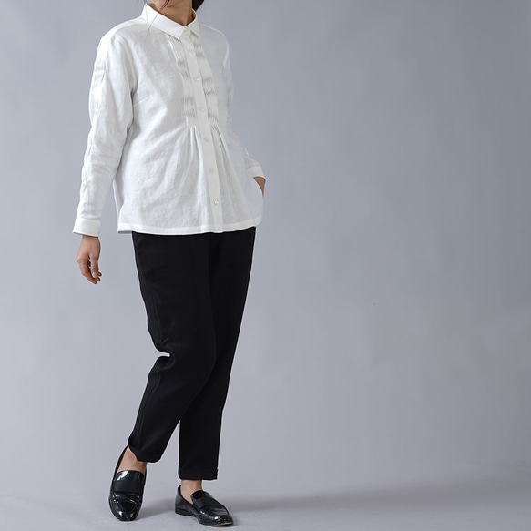 [wafu] [訂製] 稍薄亞麻細褶長袖襯衫 40 支/白色 [M 碼] t013b-wht1-m 第7張的照片