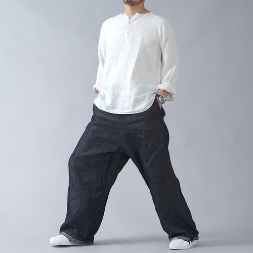 wafu】厚地 岡山の上質リネンデニム ドカンパンツ ワイドパンツ