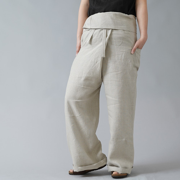 【見習い製作品】中厚リネン タイパンツ linen wide pants/亜麻ナチュラル b021a-amn2 1枚目の画像