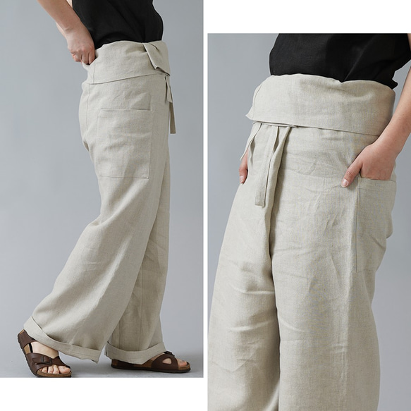 【見習い製作品】中厚リネン タイパンツ linen wide pants/亜麻ナチュラル b021a-amn2 2枚目の画像