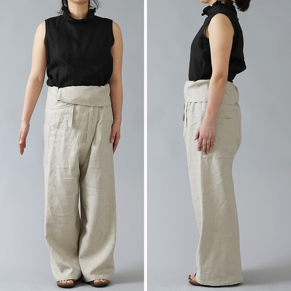 【見習い製作品】中厚リネン タイパンツ linen wide pants/亜麻ナチュラル b021a-amn2 4枚目の画像
