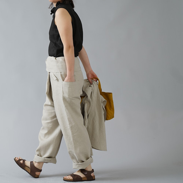 【見習い製作品】中厚リネン タイパンツ linen wide pants/亜麻ナチュラル b021a-amn2 6枚目の画像