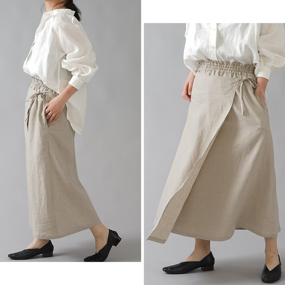 【wafu】やや薄手 リネンラップ風スカート 重ね巻スカート ロングスカート /亜麻ナチュラル s007a-amn1 2枚目の画像