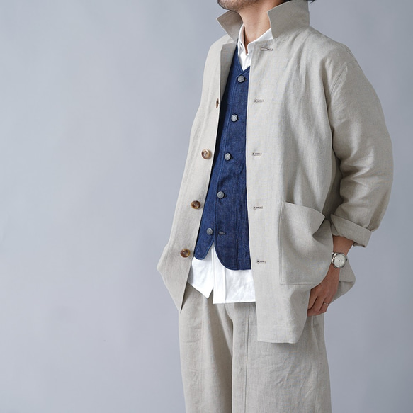 [L] [wafu] 男女通用中厚亞麻工作服色織工作夾克/亞麻本色 h031c-amn2-L 第6張的照片