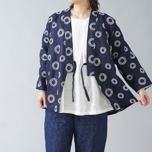 wafu】石川県産 刺繍リネン作務衣 羽織 男女兼用 やや薄手/サークル