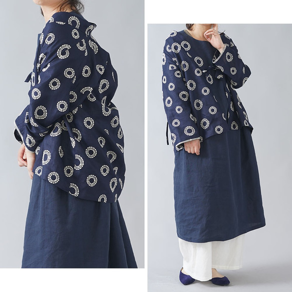 【Wafu】石川縣刺繡亞麻Samue Haori Unisex 微薄/圓形刺繡藏青色h037o-ssb1 第2張的照片