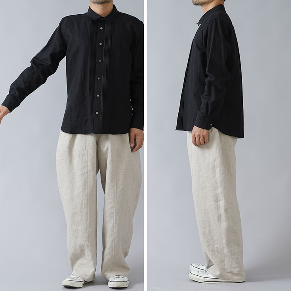 [wafu] [訂做] 超高密度亞麻細褶襯衫，布料略薄，60號/黑色 t032k-bck1 第4張的照片