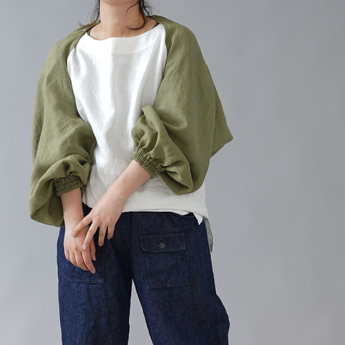 wafu】リネン ボレロ 袖くしゅカーデ リネンカーディガン 先染め中厚