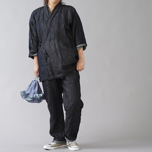 wafu】岡山県産リネン100% デニム 作務衣 上下セット 和装 男女兼用
