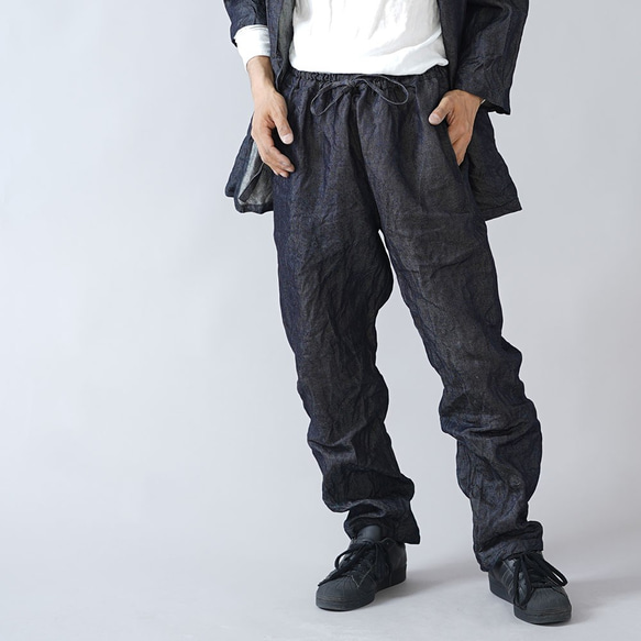 【wafu】岡山県産リネン100% デニム 作務衣 上下セット 和装 男女兼用/ダークインディゴ r008k-din3 6枚目の画像