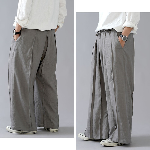 [S 碼] [wafu] 男女皆宜 100% 亞麻百褶褲，帶腰帶，稍薄，黑色 b005g-nib1 第2張的照片