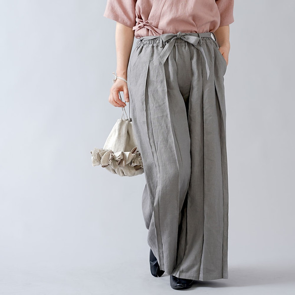 【Sサイズ】【wafu】男女兼用 リネン100％ プリーツパンツ ベルト付 やや薄地 にびいろ b005g-nib1 6枚目の画像