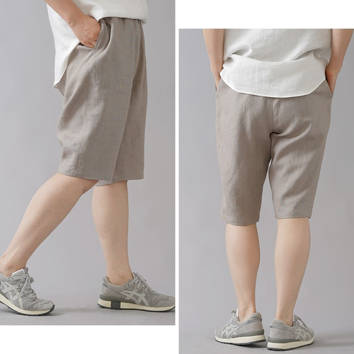 wafu 日本製 コットンリネン　キュロット ウエストゴム　ハーフパンツ　紺色 wafu】リネン ショート パンツ ハーフパンツ ウエストゴム 膝丈