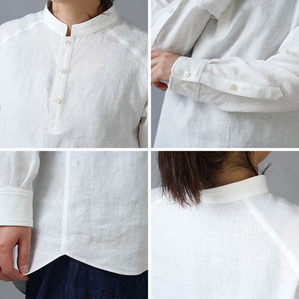 [S 尺寸][wafu] 亞麻立領襯衫男女皆宜翻邊袖中等重量布料 / 白色 t038g-wt2 第10張的照片