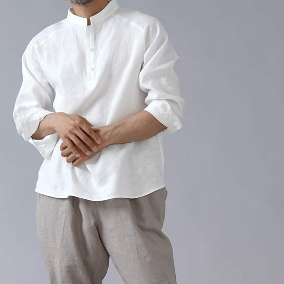 [M 尺寸][wafu] 亞麻立領襯衫男女通用袖口袖子中等重量面料 / 白色 t038g-wt2 第1張的照片