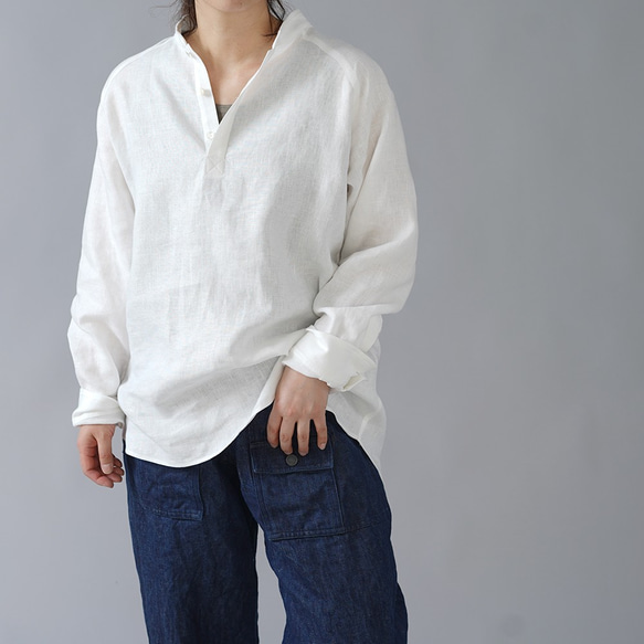 [L 碼] [WAFU] 亞麻立領襯衫男女皆宜翻邊袖中等重量布料 / 白色 t038g-wt2 第7張的照片