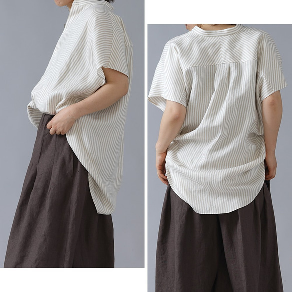 【Wafu】柔軟高密度人字紋100%亞麻亞麻襯衫/條紋t021c-stp2 第2張的照片
