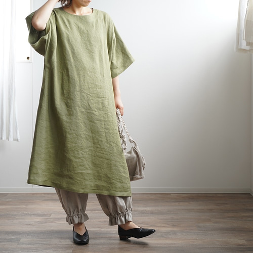 wafu オリジナル 入門編】リネン100%ビッグシルエット ワンピース/柳染