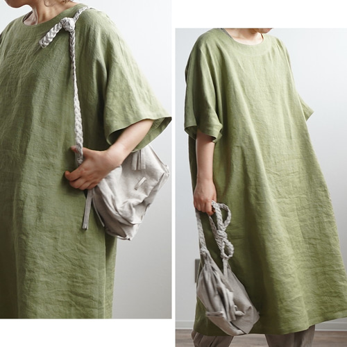 wafu オリジナル 入門編】リネン100%ビッグシルエット ワンピース/柳染