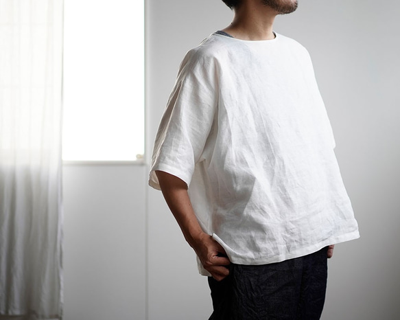【見習い製作品】リネン100% ビッグシルエット ゆるTシャツ #training /ホワイト t050c-wht1*k 4枚目の画像