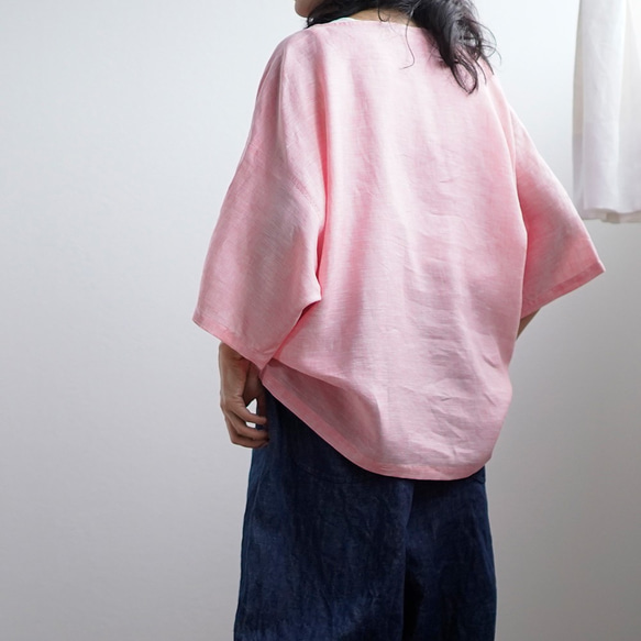 [學徒品] Chambray Linen Round Neck Big T-shirt Linen Tops/Pink t050 第3張的照片