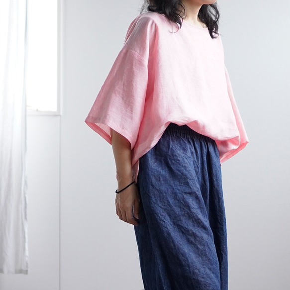 [學徒品] Chambray Linen Round Neck Big T-shirt Linen Tops/Pink t050 第4張的照片