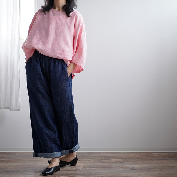 [學徒品] Chambray Linen Round Neck Big T-shirt Linen Tops/Pink t050 第5張的照片