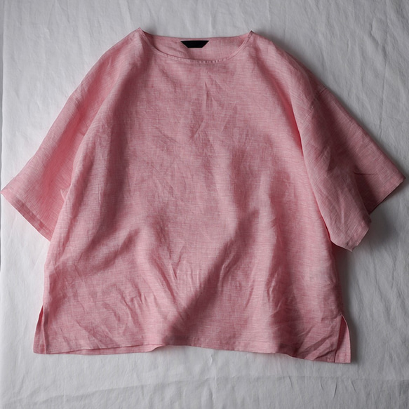 [學徒品] Chambray Linen Round Neck Big T-shirt Linen Tops/Pink t050 第7張的照片