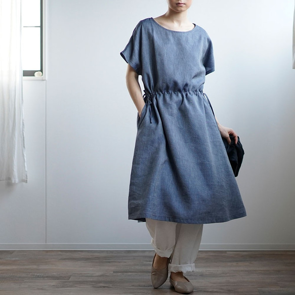 【學徒工】瀏覽法式袖連衣裙Half linen#training/Indigo a012e-ind1 第4張的照片
