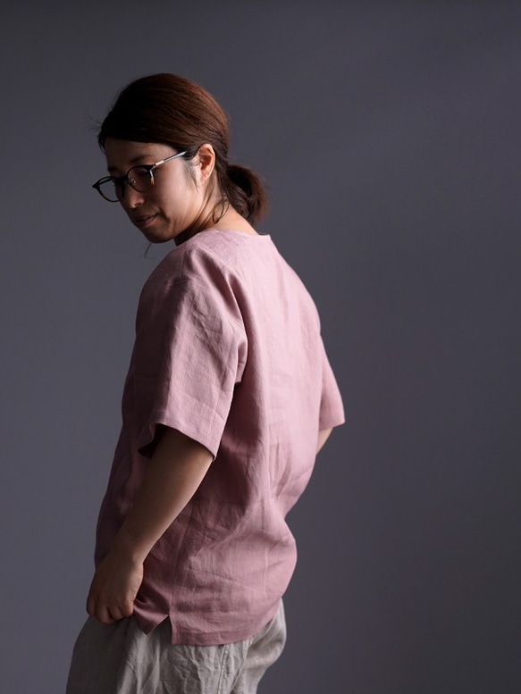 【見習い製作品】数量限定 浅いVネックTシャツ  linen100% /蘇芳香(すおうこう) t025f-sok1 3枚目の画像