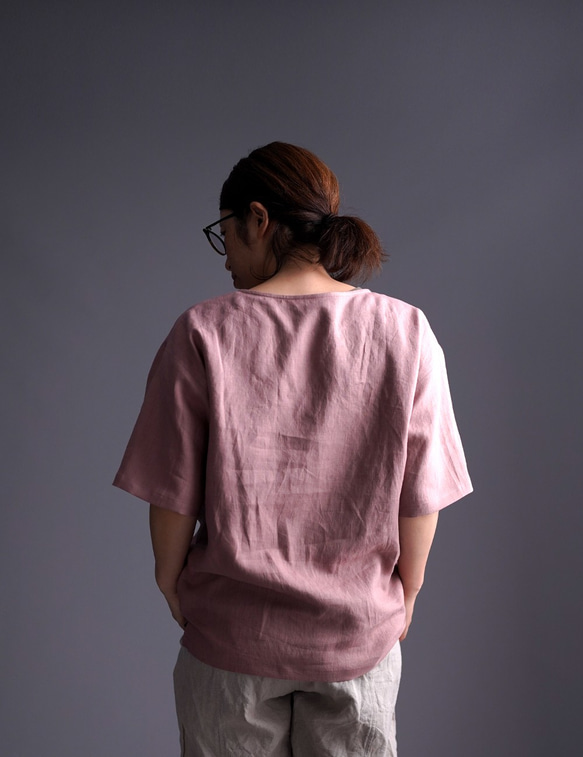 【見習い製作品】数量限定 浅いVネックTシャツ  linen100% /蘇芳香(すおうこう) t025f-sok1 5枚目の画像