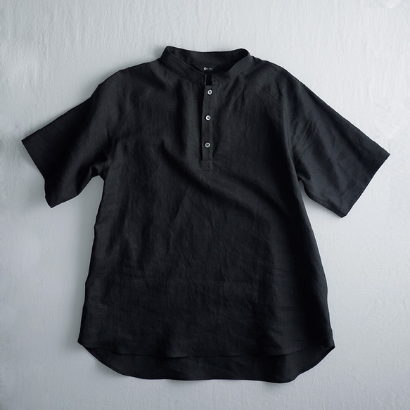 [wafu][短袖]我自己拿三個。亞麻立領襯衫上衣男女通用/黑色 t038k-bck1 第7張的照片