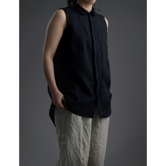 【wafu】雅亜麻 linen shirt 　丸襟 比翼 シャツ  インナーとしても/黒色 p018a-bck1 1枚目の画像