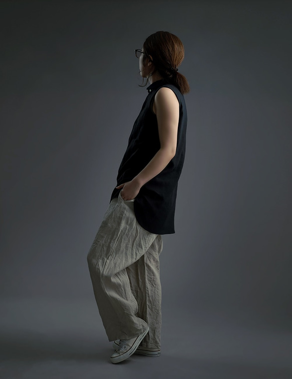 【wafu】雅亜麻 linen shirt 　丸襟 比翼 シャツ  インナーとしても/黒色 p018a-bck1 2枚目の画像