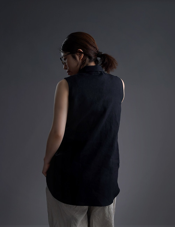 【wafu】雅亜麻 linen shirt 　丸襟 比翼 シャツ  インナーとしても/黒色 p018a-bck1 4枚目の画像