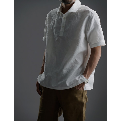 wafu】Linen Polo Shirt ポロシャツ 超高密度リネン /白色 t053a-wht1 