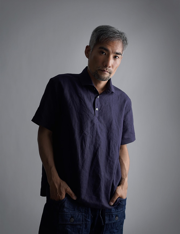 【wafu】Linen Polo Shirt ポロシャツ 超高密度リネン /黒紅色 くろべにいろ t053a-kbi1 1枚目の画像