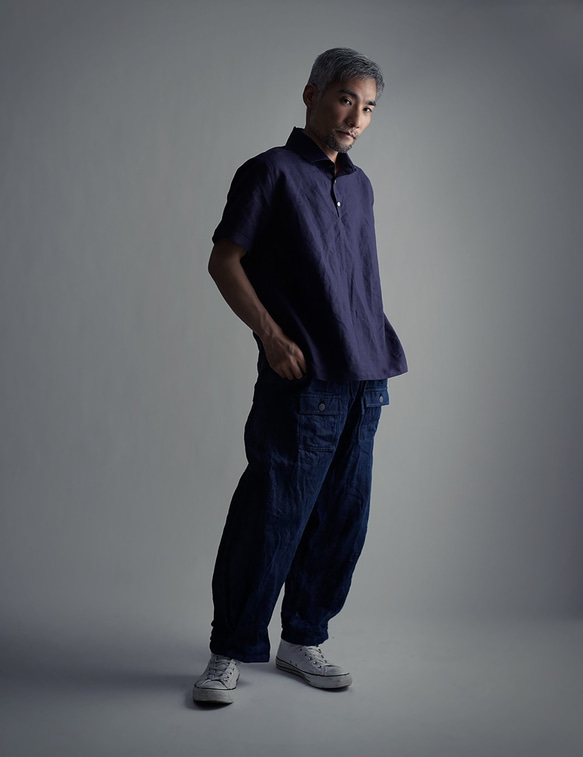 【wafu】Linen Polo Shirt ポロシャツ 超高密度リネン /黒紅色 くろべにいろ t053a-kbi1 3枚目の画像