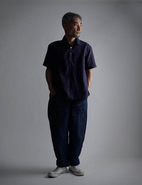 【wafu】Linen Polo Shirt ポロシャツ 超高密度リネン /黒紅色 くろべにいろ t053a-kbi1 5枚目の画像
