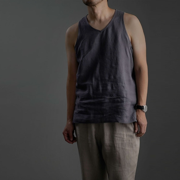 【wafu】Linen Tank Top Vネック ノースリーブ インナーとしても / 墨色(すみいろ) p004g-s 2枚目の画像