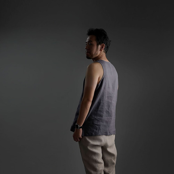 【wafu】Linen Tank Top Vネック ノースリーブ インナーとしても / 墨色(すみいろ) p004g-s 4枚目の画像