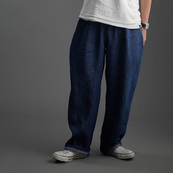 【wafu】Linen denim pants　デニムバギーパンツ 男女兼用　/インディゴ b011b-ind3 1枚目の画像