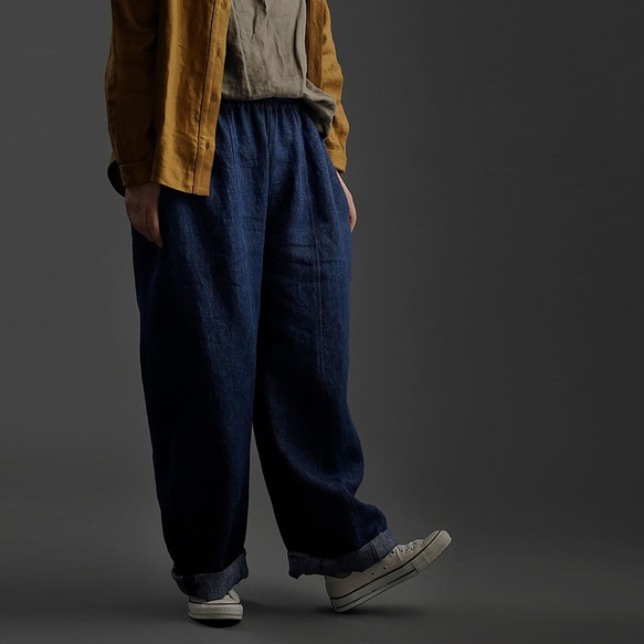 【wafu】Linen denim pants　デニムバギーパンツ 男女兼用　/インディゴ b011b-ind3 6枚目の画像
