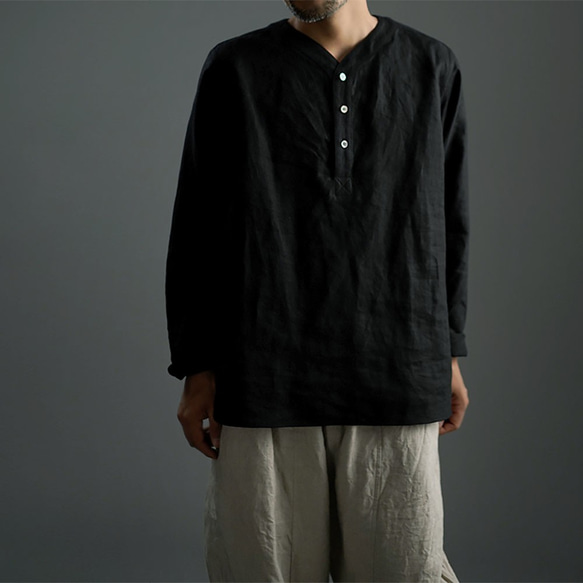 【wafu】Linen Shirt　スリーピングシャツ 男女兼用 / 黒色 t030c-bck1 1枚目の画像