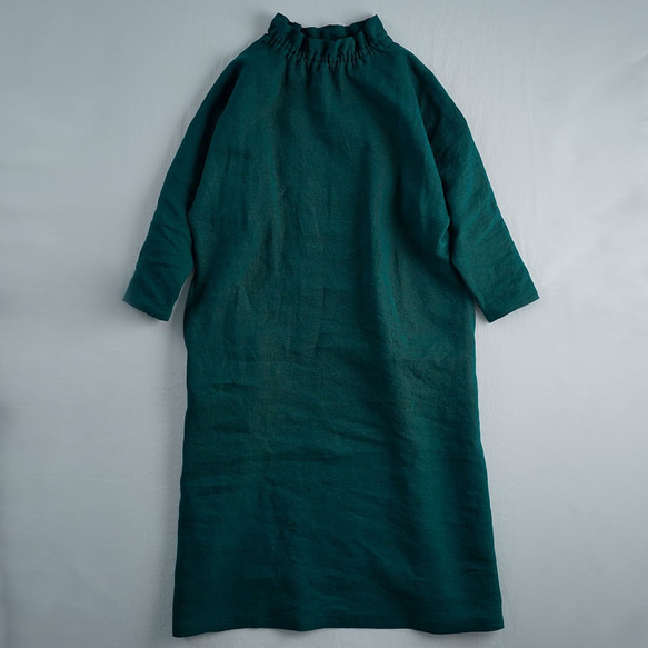 【wafu 入門編】数量限定！Linen Dress シャーリングハイネック ドレス/ビリジアン a008f-vrj2 10枚目の画像