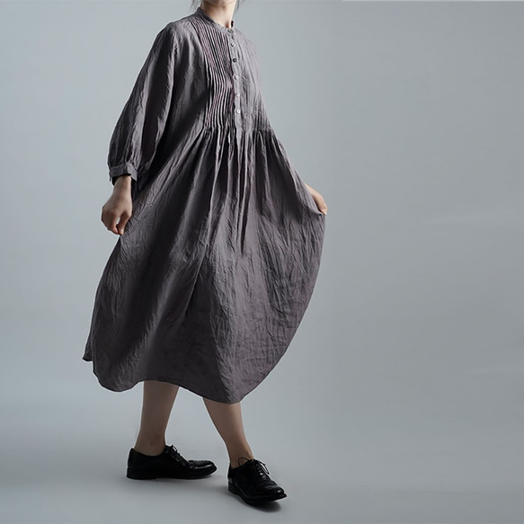 【wafu】【受注製作】Linen Dress 超高密度リネン ピンタックワンピース /茶鼠 a006b-cnz1 1枚目の画像