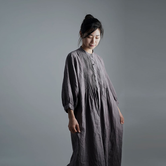 [wafu] [訂做] 亞麻洋裝 超高密度亞麻細褶洋裝 / 茶鼠 a006b-cnz1 第2張的照片