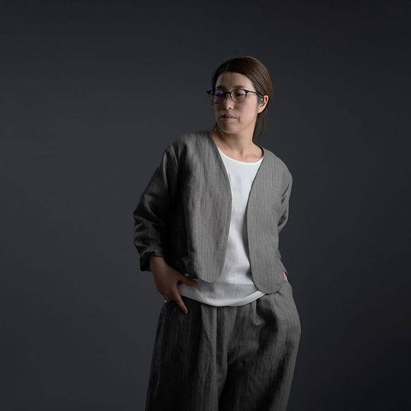 【wafu】Linen two piece set 上下セット / 超高密度ヘリンボーン x002a-gys2 3枚目の画像