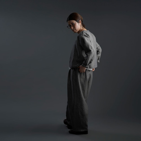 【wafu】Linen two piece set 上下セット / 超高密度ヘリンボーン x002a-gys2 5枚目の画像